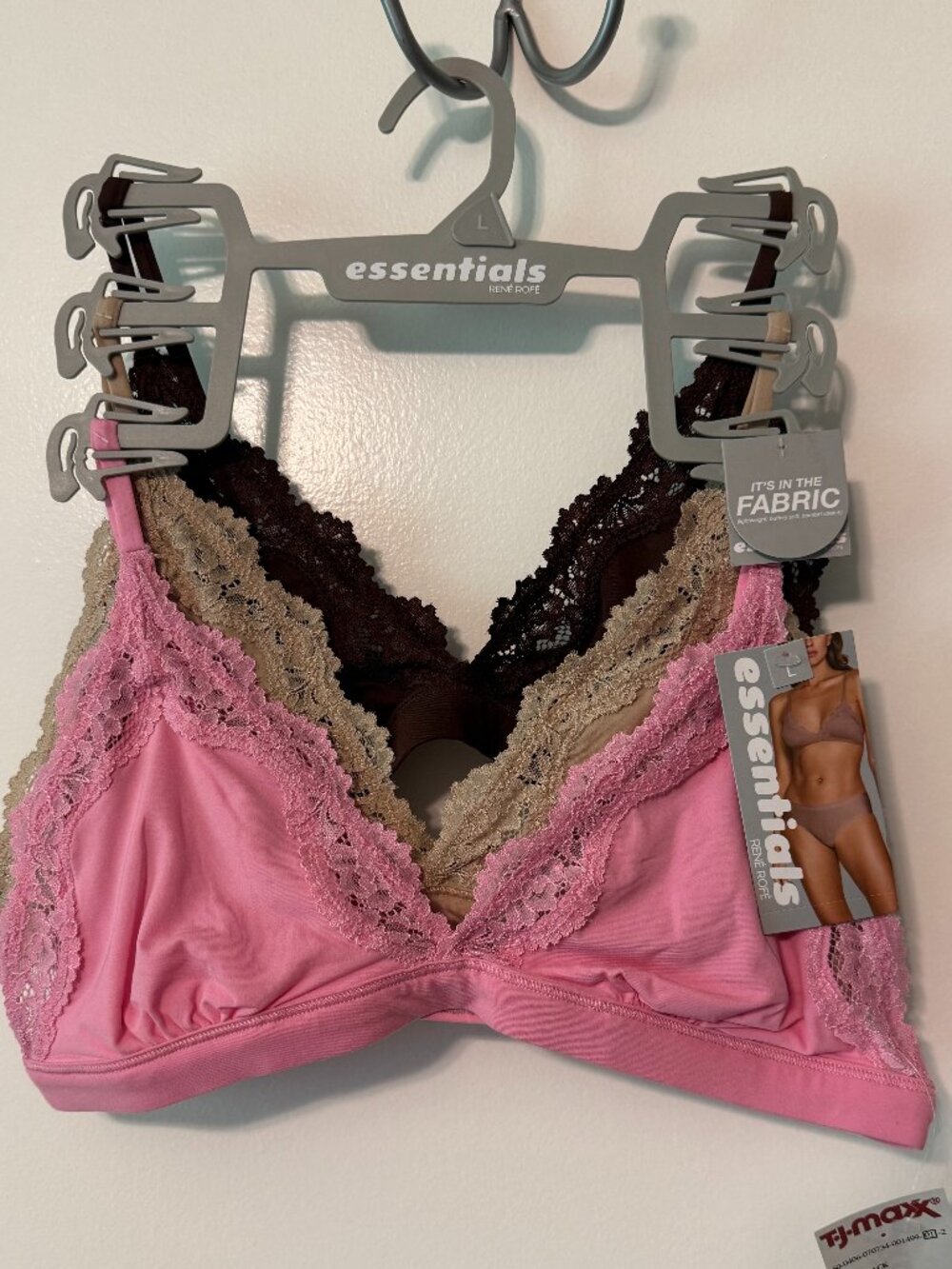 NWT Essentials by Rene Rofe Lace Bralette 3-Pack | Pink, Nude & Burgundy